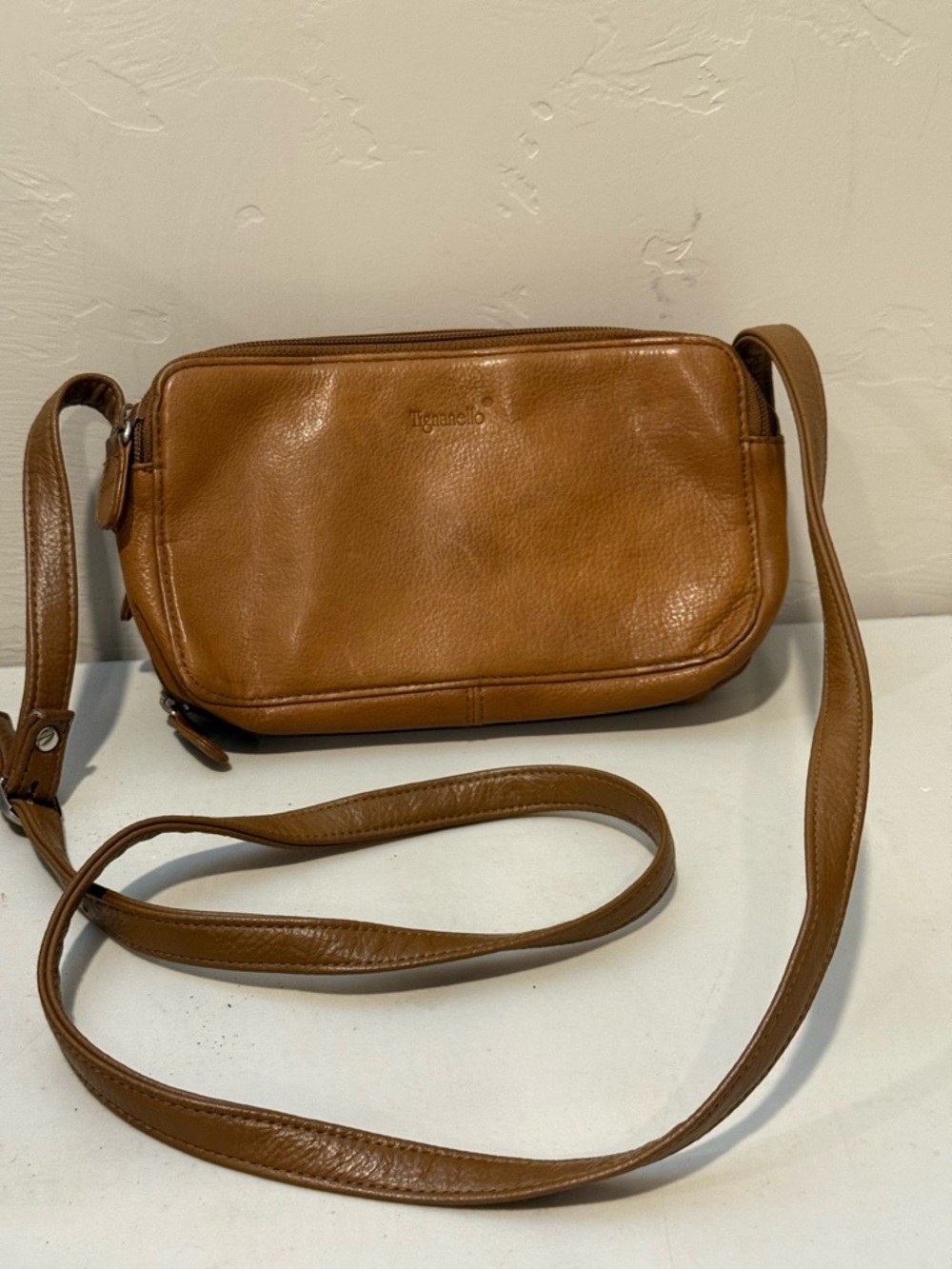 Tagnanello Brown Leather Crossbody Bag Multiple Pockets Card File Adjusted Strap